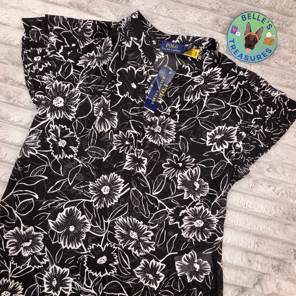 NWT Polo Ralph Lauren Women's Small Black White Printed‎ Floral Fly Away Blouse